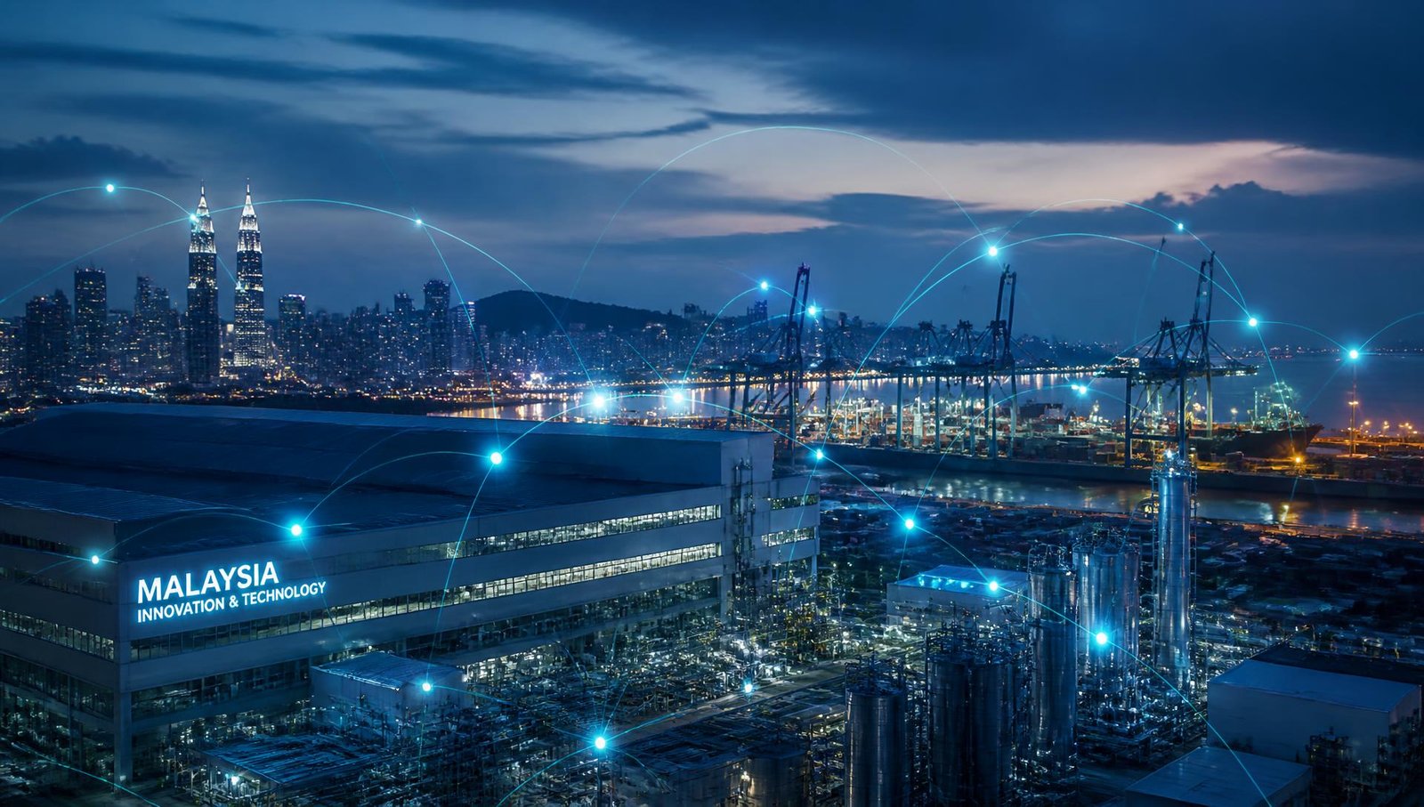 Industrial and city skyline in Malaysia with connected data network overlay